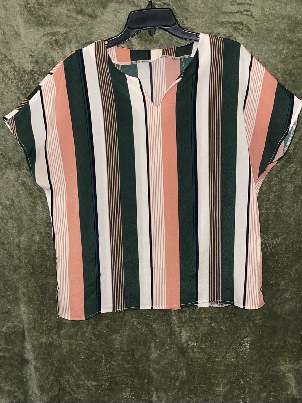 Striped Notch-Neck Short Sleeve Blouse in Green, Pink & White